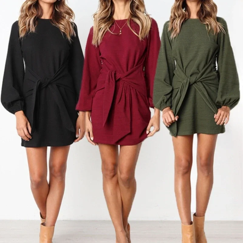 

Women's Elegant Long Lantern Sleeve Short Dress Crewneck Tie Waist Knit Cocktail Dress