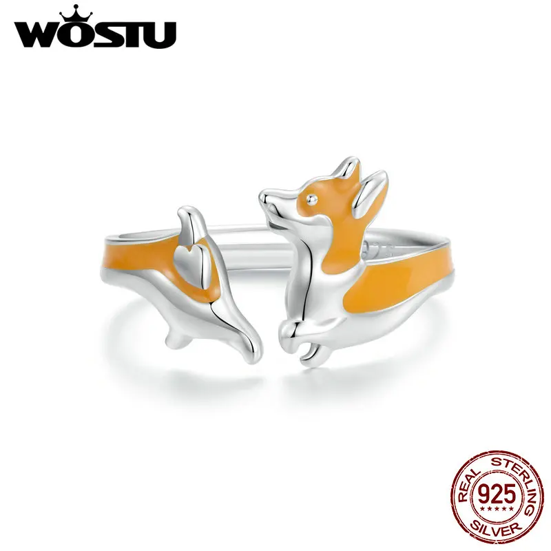 WOSTU 925 Sterling Silver Cute Yellow Corgi Dog Pet Opening Ring Girl Daily Wear Animal Adjustable Rings Gift For family Daugter