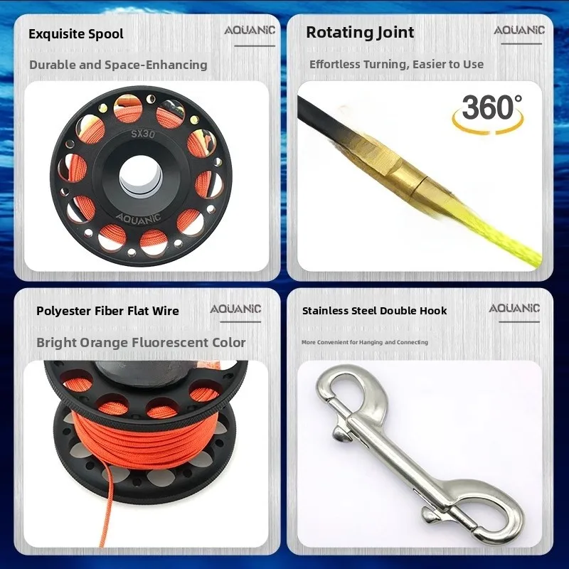 علم نايت سكوبا للغوص مع محور عجلة من سبائك الألومنيوم وسلك مسطح مضاد للالتفاف بطول 30 متر للرياضات تحت الماء والأنشطة الخارجية