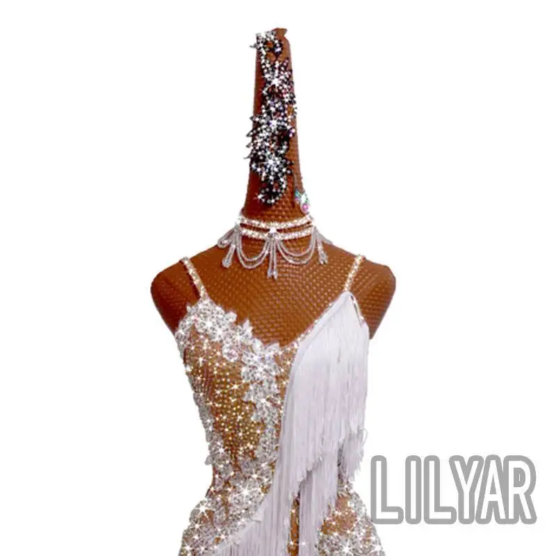 Nouveau Concours de danse latine Performance blanc gland strass brodé robe de danse