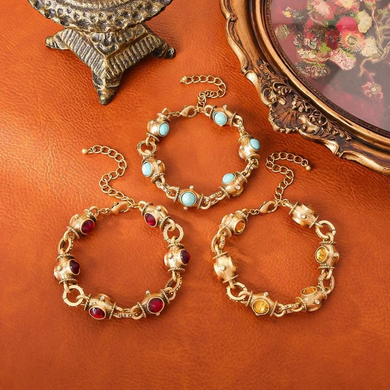

Middle Vintage Turquoise Stone Bracelet Retro Palace Style Heavy Industry Hand Decoration Color Geometric Glass French Bracelet