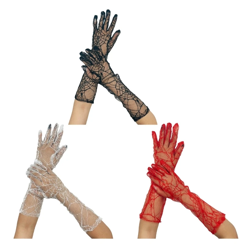 Long Gauze Gloves Halloween Costume Accessory Spiderweb Lace Gloves Web H9ED