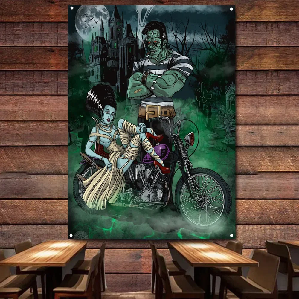 

Devil Biker Motorcycle Art Poster Wall Hanging Painting Garage Flag Auto Repair Shop Gas Station Wall Decor Banner Home Tapestry