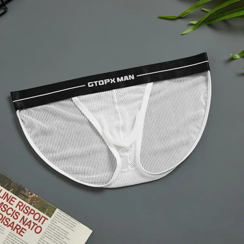 Sous-vêtement sexy taille basse pour homme, slip transparent, rayé, maille glacée, U convexe, mince, respirant, culotte, zones intérieures