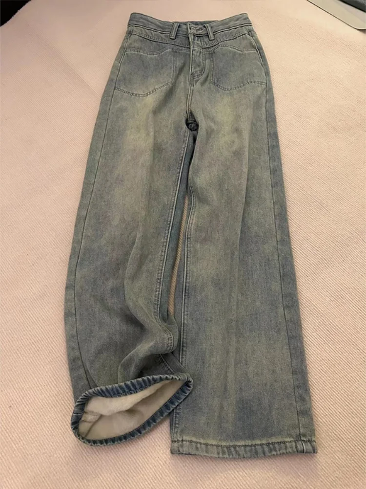 

Большие размеры Fce Lined Thi Джинсовые брюки Женские зимние груша ape Body Свободные брюки с высокой талией Тонкие прямые широкие джинсы Повседневные