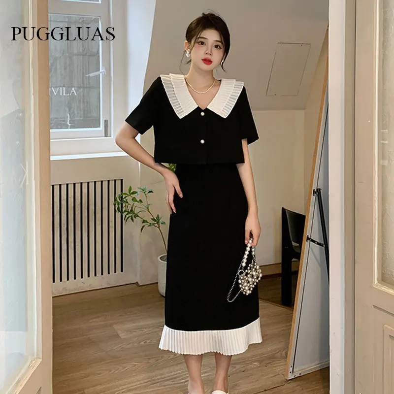 Summer Elegant Women Skirt Sets Retro Office Lady Outifits Puff Sleeve Black Top Skirts Set Korean Fashion Sweet Hepburn Suit