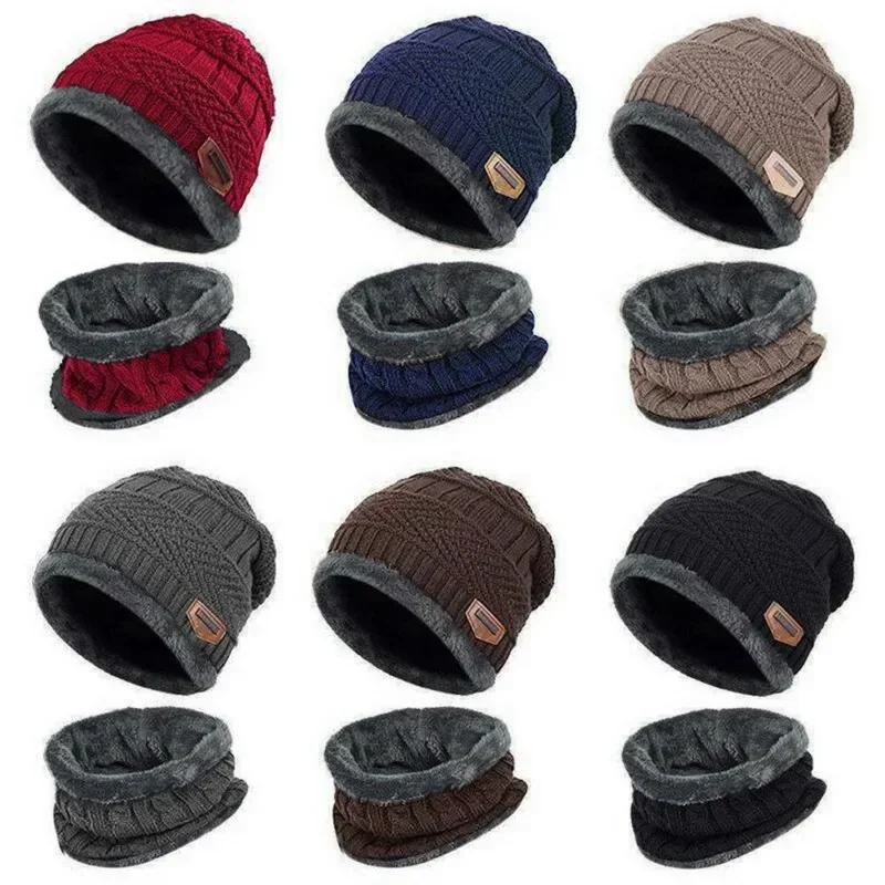 Winter Men\'s Beanie Knitted Hat Winter Hat Beanie Hat Women\'s Thick Fleece Collar Scarf Hat Balaclava Face Mask Hat