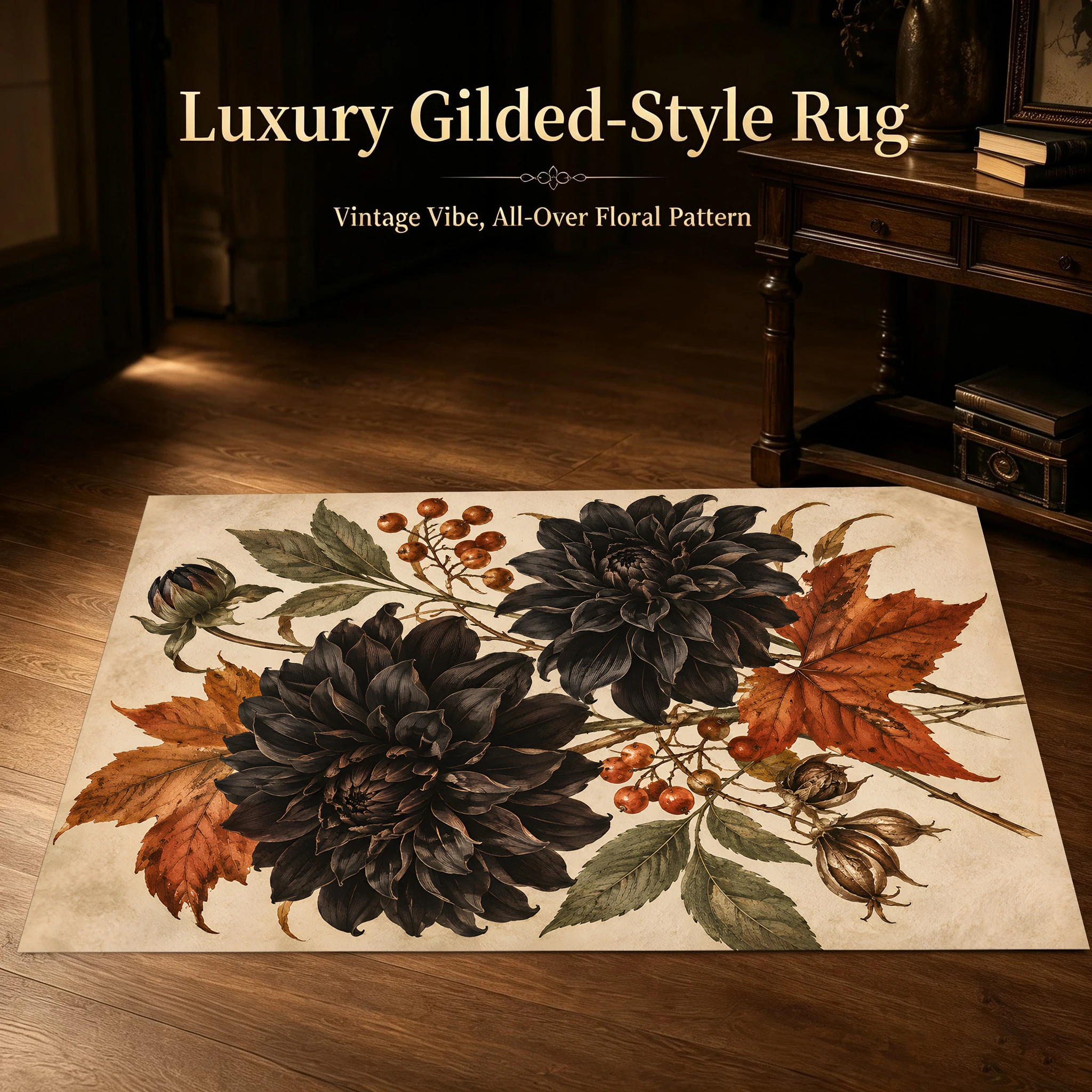 Velvet Rug Black Dahlia Red Maple Berry Print American Retro for Living Room Bedroom Home Decor