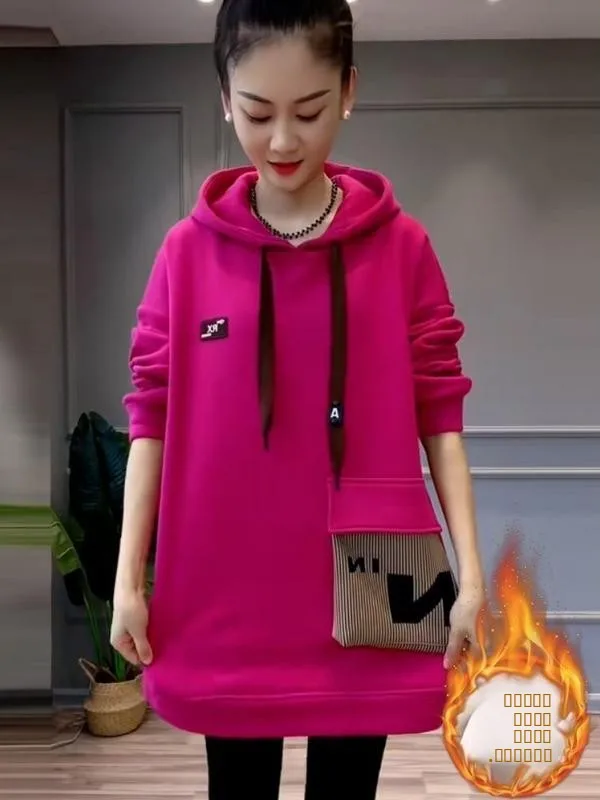 

Thiened Fce Hoodie Women's Spring Autumn New Sle Warm Design Mid-Length Butt Covering Top Korean Sle Long Sve
