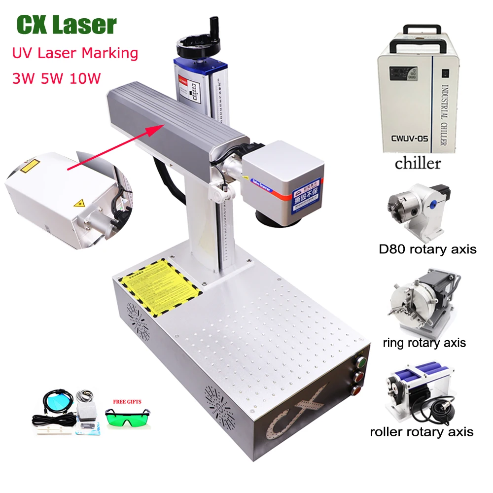 3W 5W 10W UV Laser Glass Crystals Marking Machine with Chiller Rotary Axis Optional Metal Jewelry Engraver EZCAD2 Lightburn