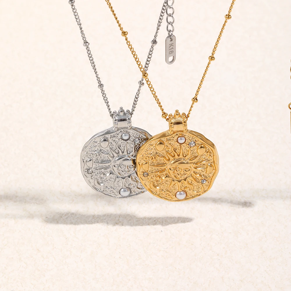 MamacitaSlay 316L Stainless Steel Sun Moon Pendant Necklace 18K Gold Plated Waterproof Neck Jewelry Women's Elegant Necklace view 6