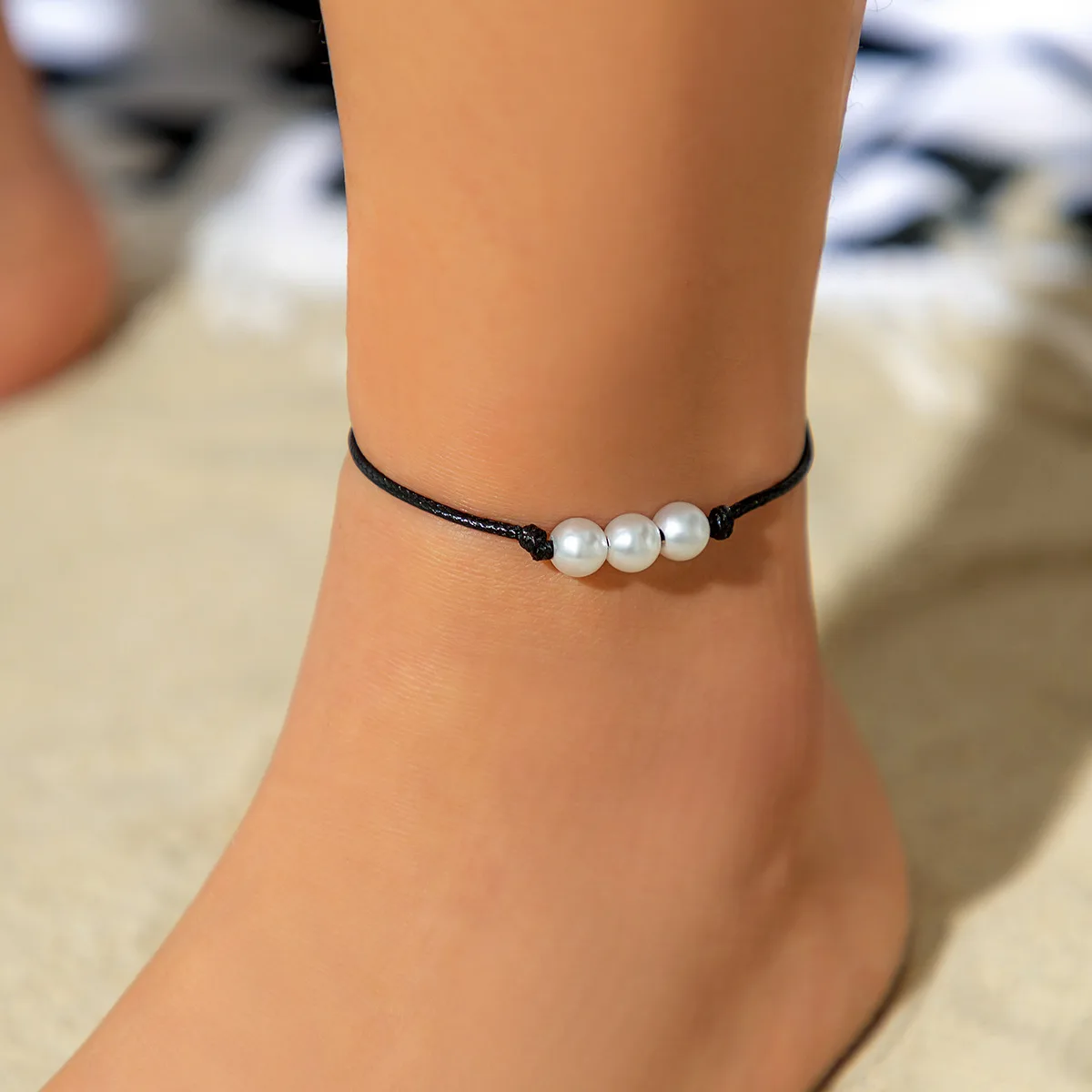 Boho Imitation Pearl Anklets for Women Round Beads Anklet Wax Line Rope Chain Ankle Bracelet On The Leg Beach Sandal Accessories