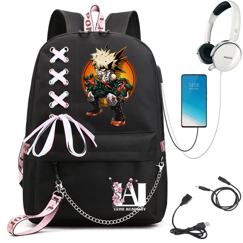 حقيبة ظهر نسائية بتصميم رسوم متحركة من My Hero Academia حقيبة ظهر للسفر مزودة بمنفذ Usb حقيبة كتف للنساء من Katsuki Bakugo حقيبة ظهر للكمبيوتر المحمول بتصميم الرسوم المتحركة