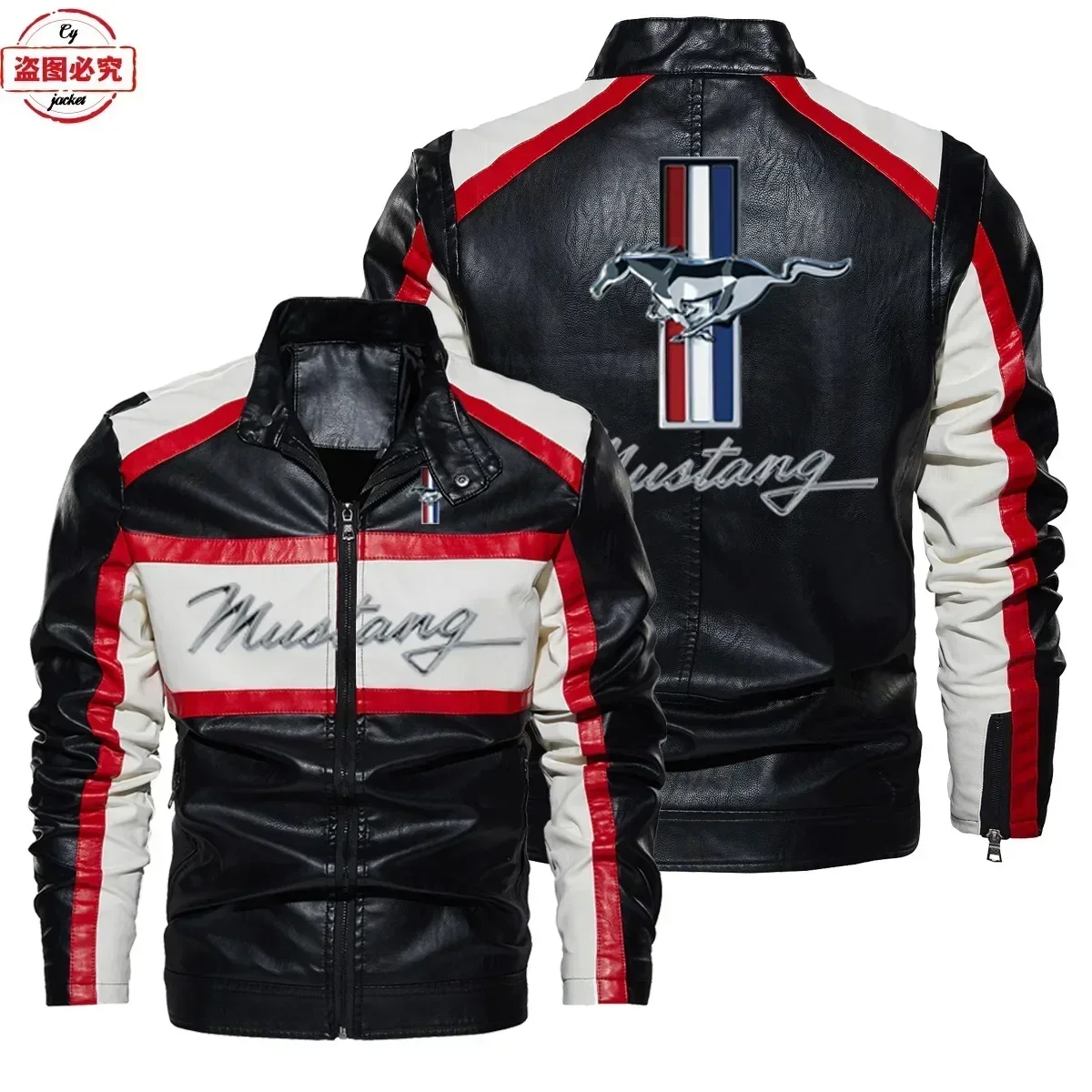 EU size Super Run Mustang Logo Washed PU Leather Jacket Windproof Spring and Autumn Contrastive Color Men's Jacket Team Match