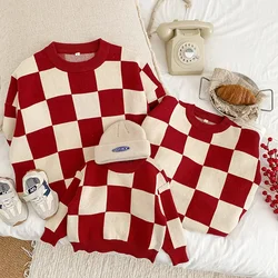 4287E Parent-child Clothes Red Plaid Sweater 2022 Winter Spring Family Knitwear Tops Checkerboard Sweater Casual Pullover