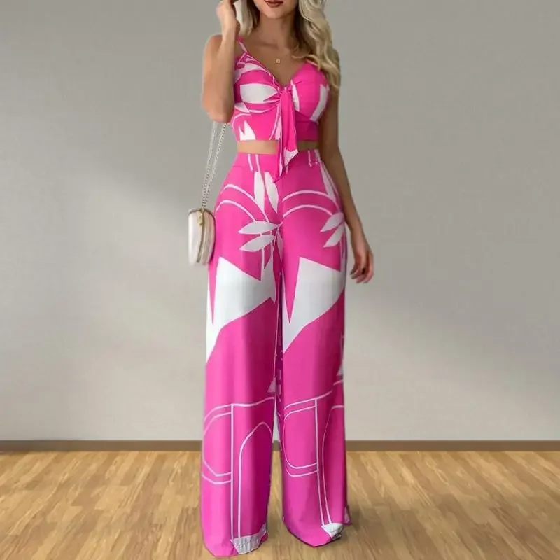 

Summer New Style Straight Leg Pants Women Casual Set Fashion V-neck Printed Female Sets