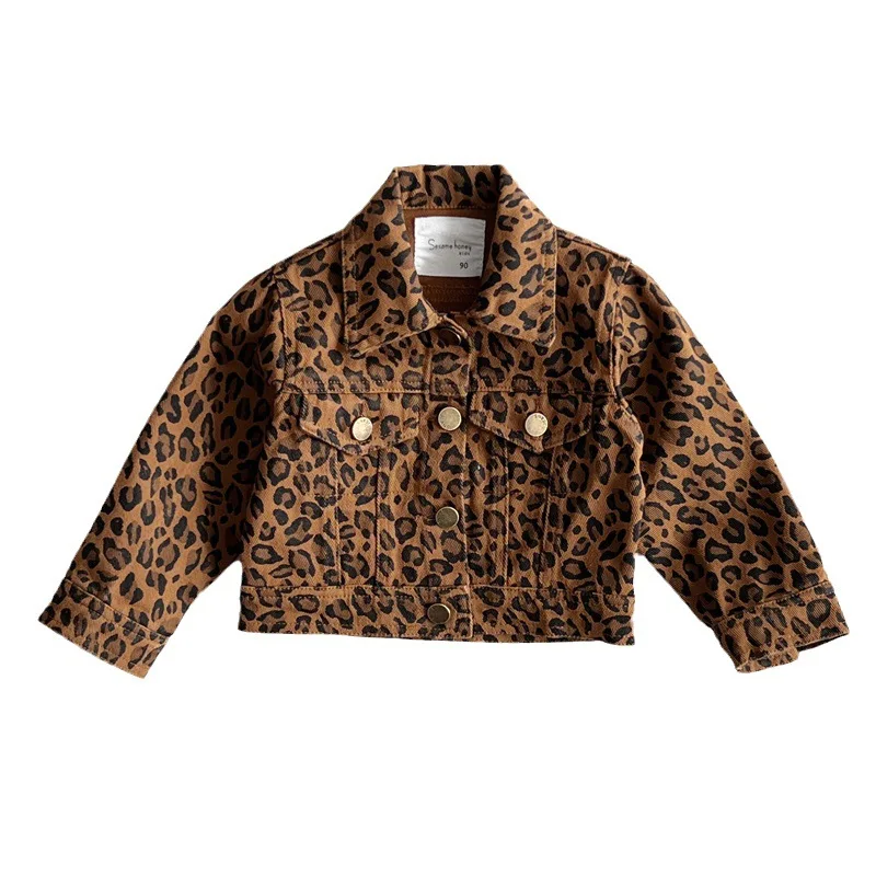 Japanese Medieval Children\'s Clothing Children\'s Leopard Print Jacket Trendy Version Denim Top Baby Girl Clothes  Winter Jacket