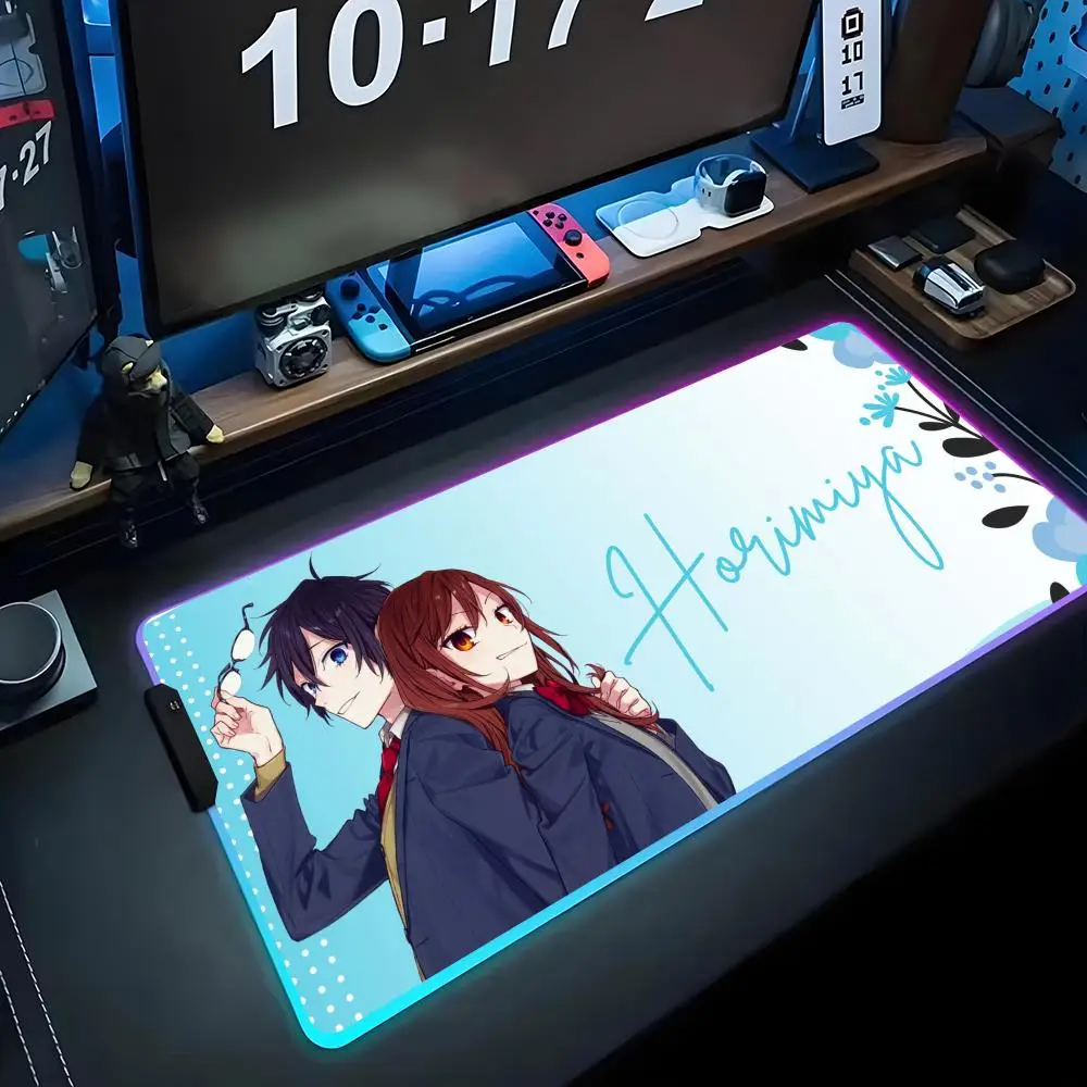 

anime horimiya Mouse Pad RGB Gaming Mousepad Big LED Pad PC Desk Mat Luminous Mouse Pad Large Keyboard Mats Table Rug With