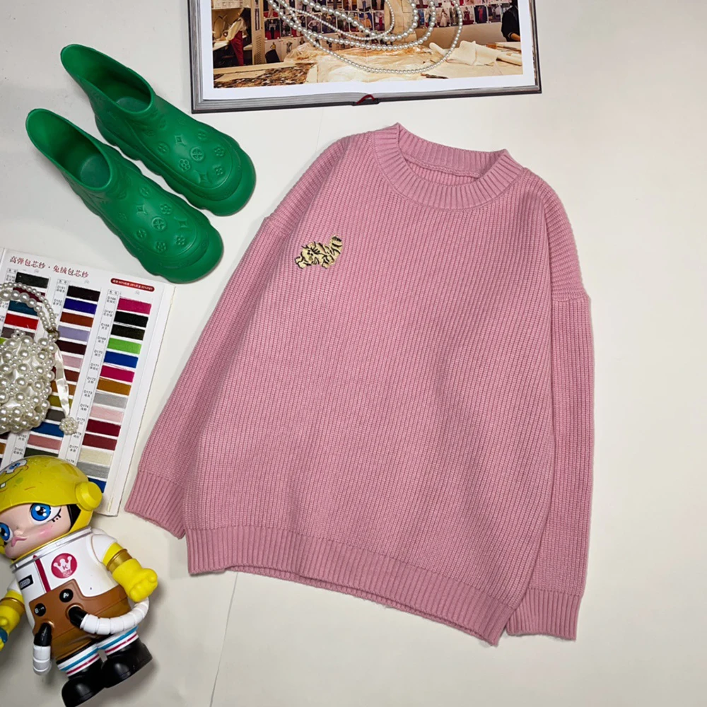 Korean style minimalist and versatile cartoon embroidery round neck pullover student knitted sweater Casual Top