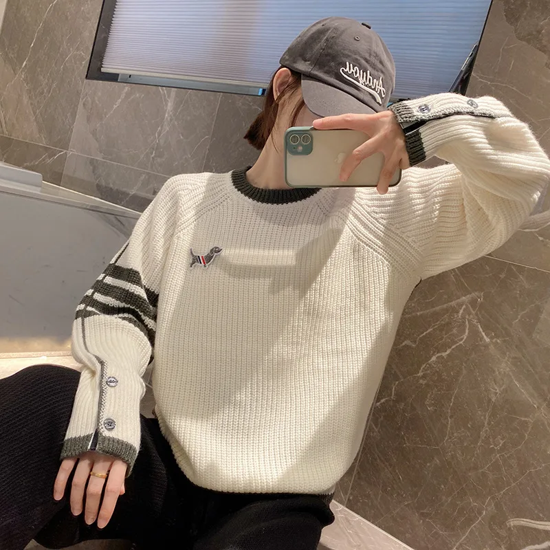 Embroidered Puppy Stripes Design Fashion Brand Autumn Winter Thickened Women's Sweater Everyday Loose Casual Knit Wool Pullover