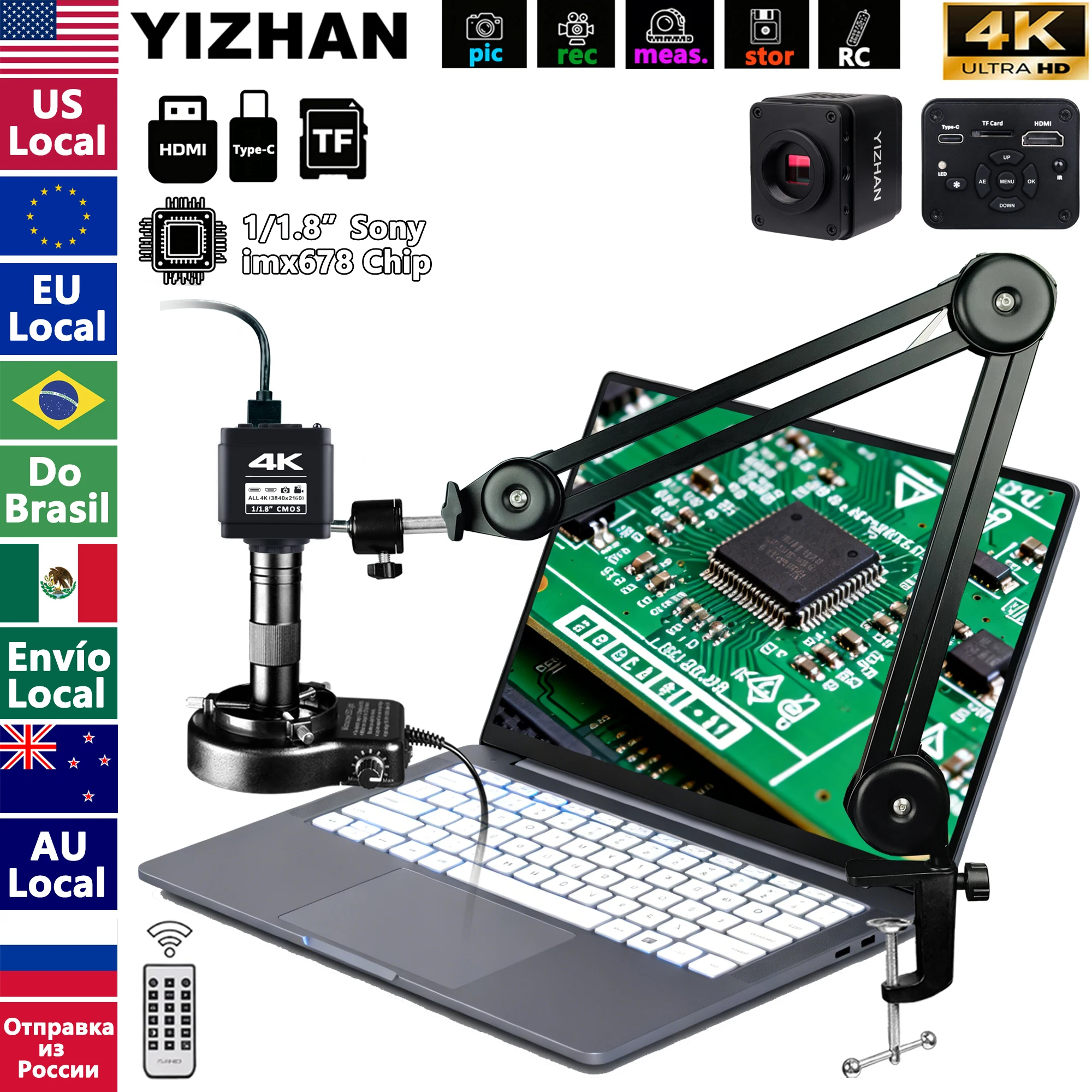 4K Electronic Digital Microscope for PCB Soldering/Phone Repair, HDMI USB IMX678 Chip Industrial Camera with Software/150X Lens