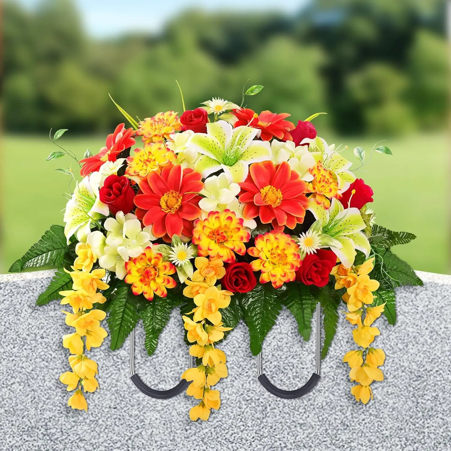 

Artificial Cemetery Flowers for Grave, Headstone Flower Saddle Realistic Grave Decorations for Cemetery, UV Resistant Me
