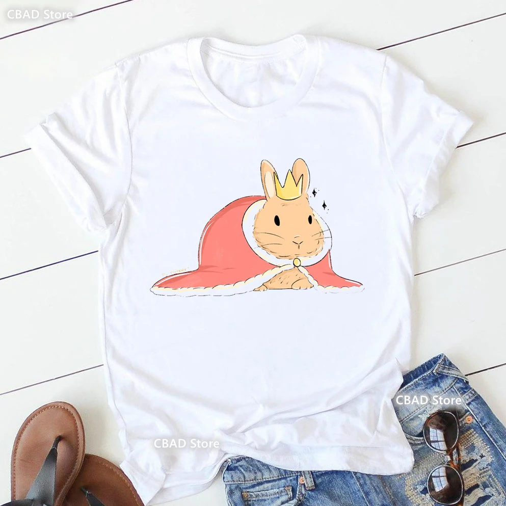 T-shirt manches courtes femme blanc, estival et décontracté, avec impression graphique de princesse lapin, Harajuku, vente en gros