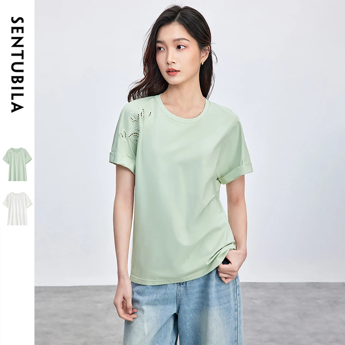 

SENTUBILA Summer T-Shirt for Woman 2025 Luxury Chic Embroidery Hollow Out Tops Loose Fit Simple Soft Casual Cotton Tees152T59328