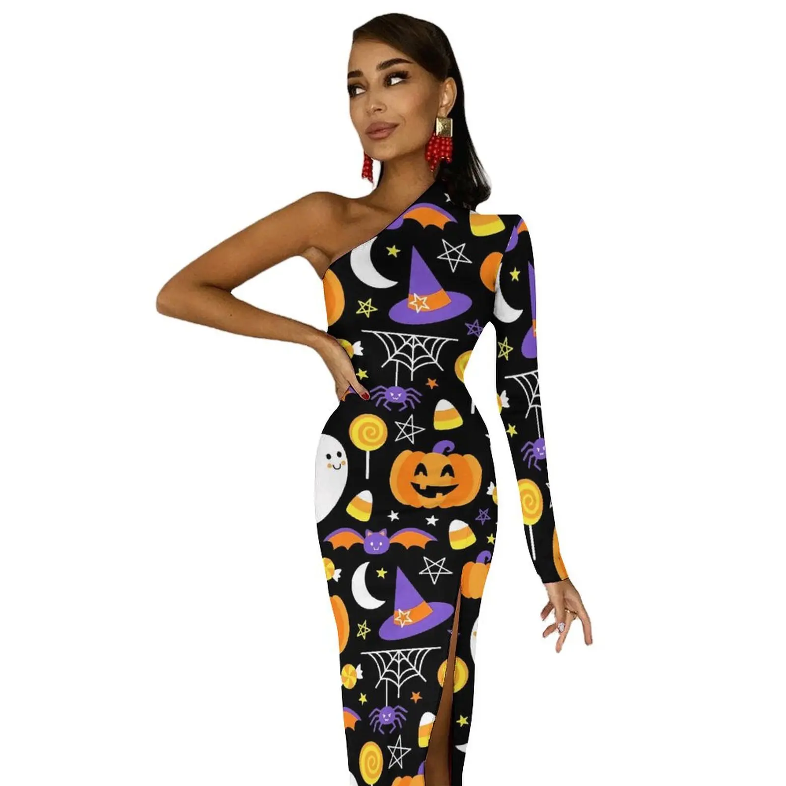 Happy Haunts Langes Kleid Weiblich Gruselig Niedlich Halloween Street Wear Maxikleid Frühling Vintage Figurbetonte Kleider Hoher Schlitz Vestidos