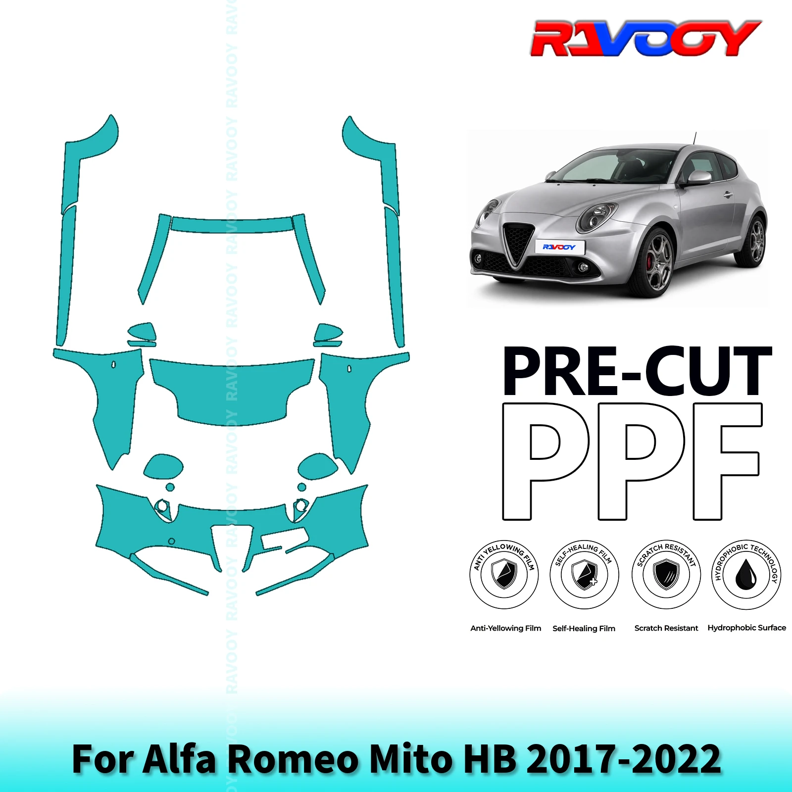 For Alfa Romeo Mito HB 2017-2022 Partial Front+Rockers 8.5Mil Pre-Cut Paint Protection Film PPF Stone Chip Kit Clear/Matte/Black