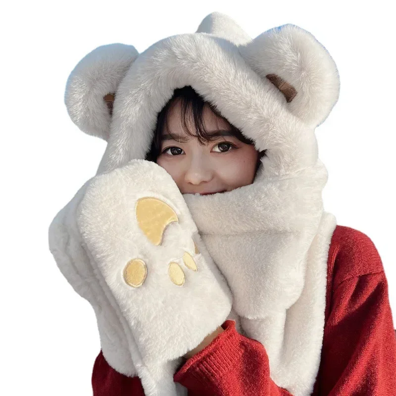 New Korean Hooded Bear Beanie Lady Winter Hats Big Fur Scarf Warm Thick Hat For Women Soft Gloves Paw Ear Cap Ski Hat