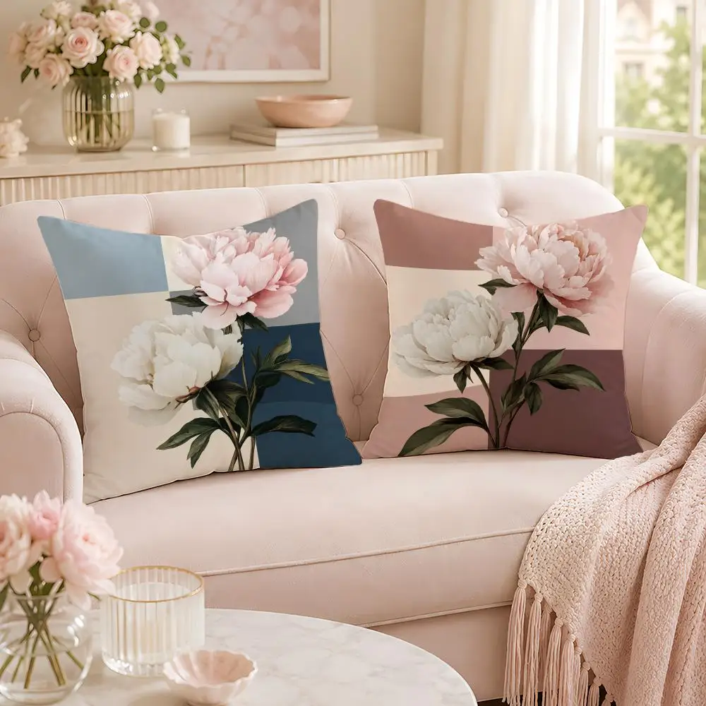 Morandi Peony Flower Cushion Cover Soft Short Plush Pillow Case Double Sided Print Washable Sofa Home Decor Gift