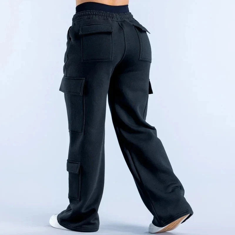 Damesmode Lage Taille Geruite Broek met Ceintuur, Wijde Pijpen, Effen Kleur, Casual Joggingbroek, Meerdere Zakken, Amerikaanse Werkbroek