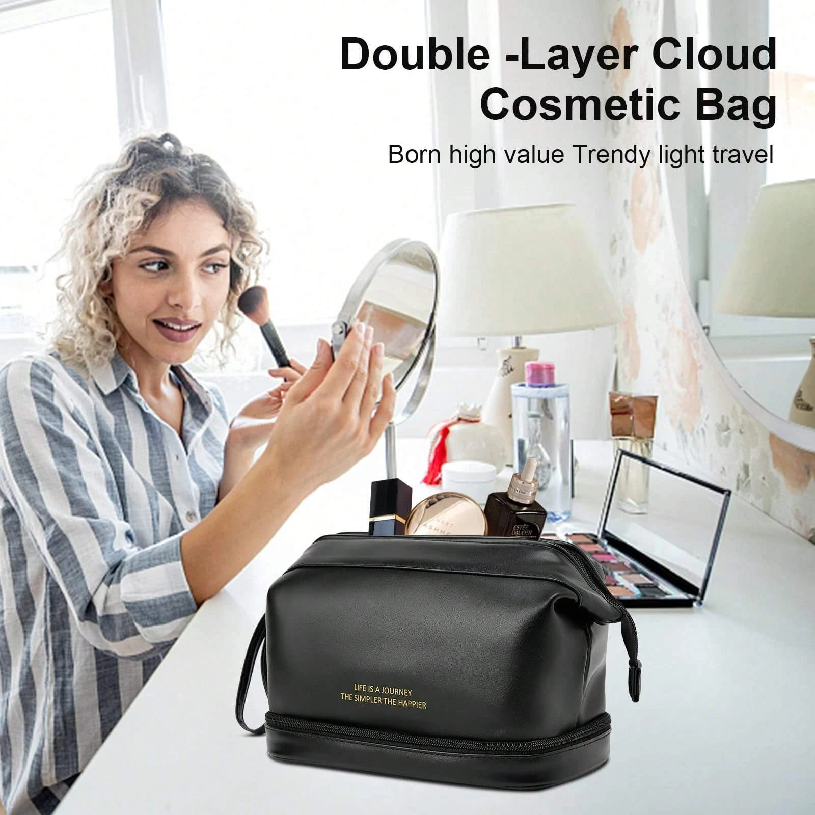 Travel Large Double Layer Cosmetic Bag Waterproof Leather Makeup Bag Women Girls Portable Toiletry Bag Make Up Storage Organizer