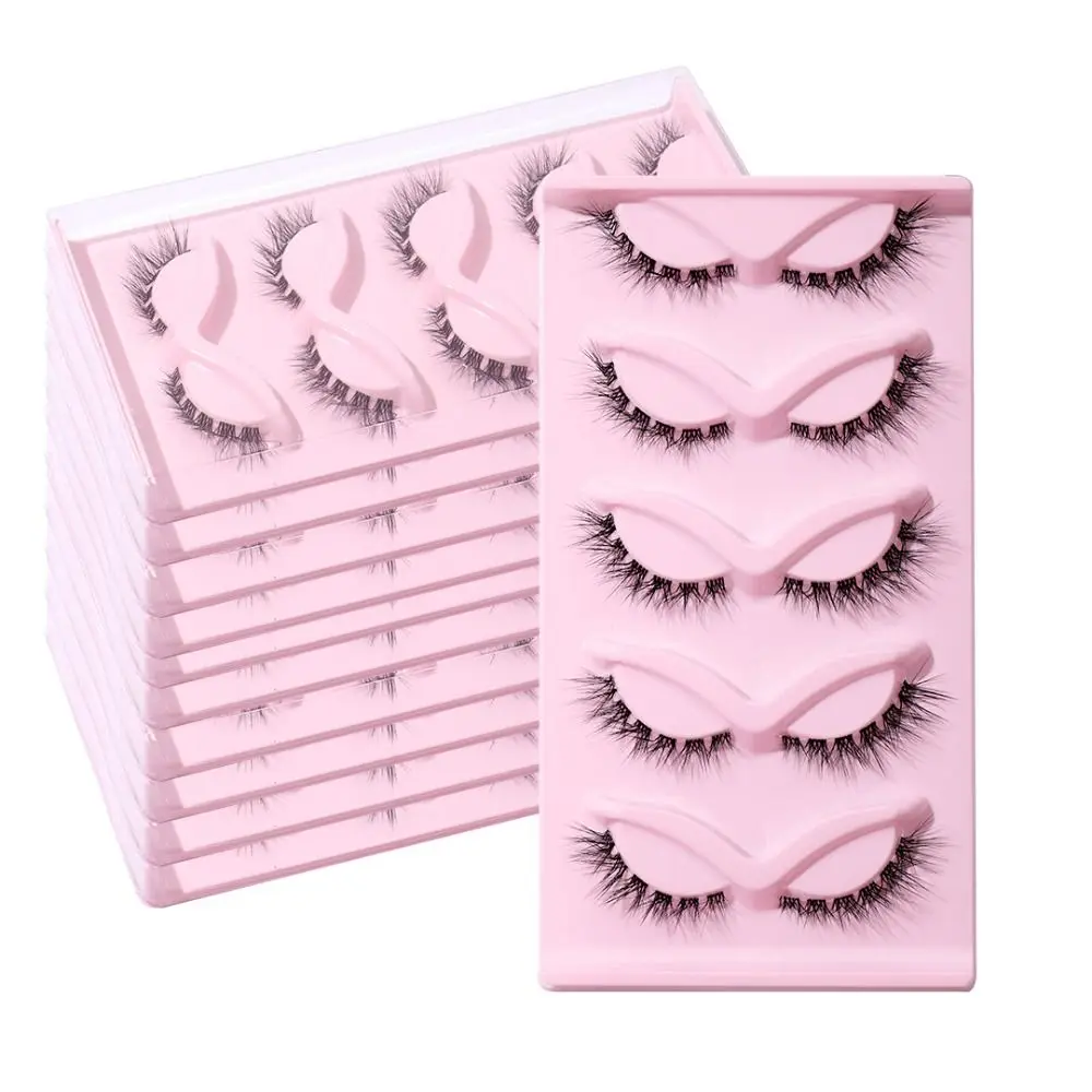 5 Pair 3D L Curl False Eyelashes Eye Tail Lengthening Full Strip Cat Eye Fake Lashes Long Winged Clear Stem Faux Mink Lashes