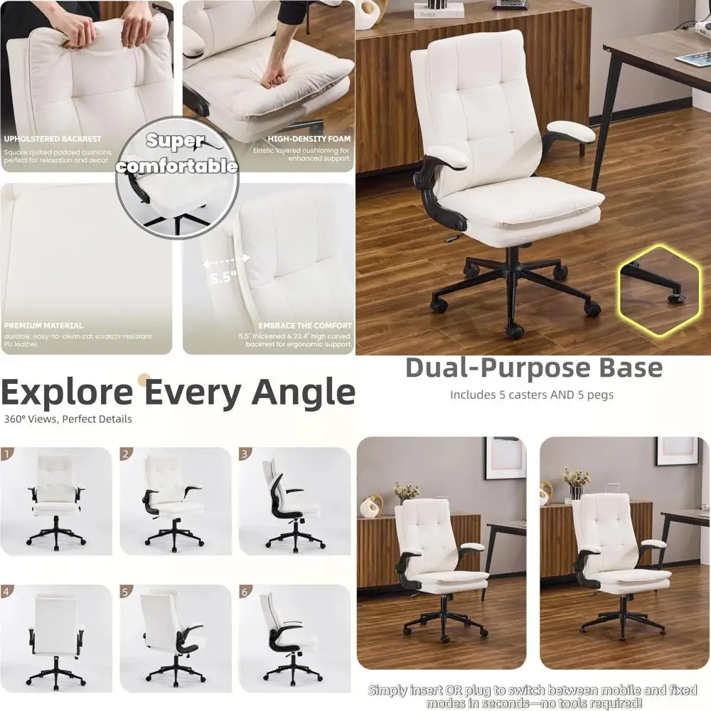 

Ergonomic High-Back White Leather Desk Chair with Adjustable Height, Swivel, Flip-Up Arms for Home Office and Gaming