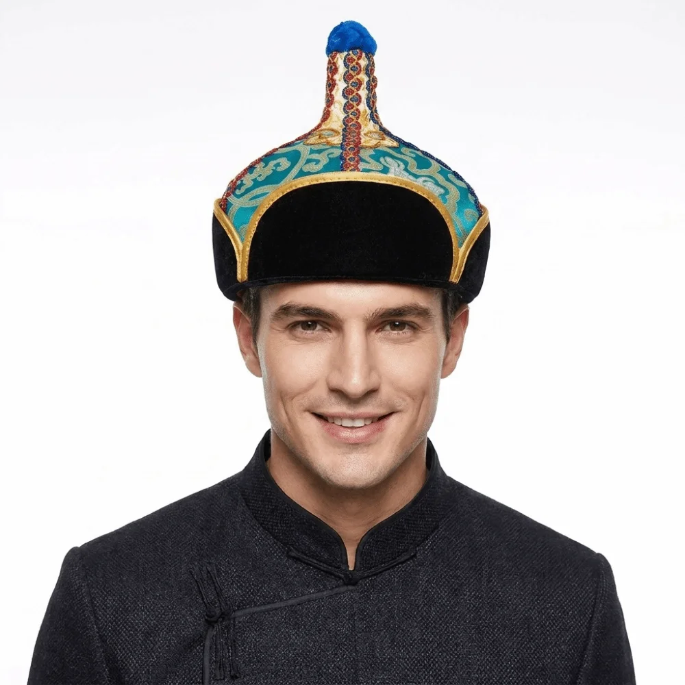 Golden and Blue Pointed Dance Hat Comfortable Wearing Lightweight Texture Ethnic Costume Headwear Stable Pointed Shape