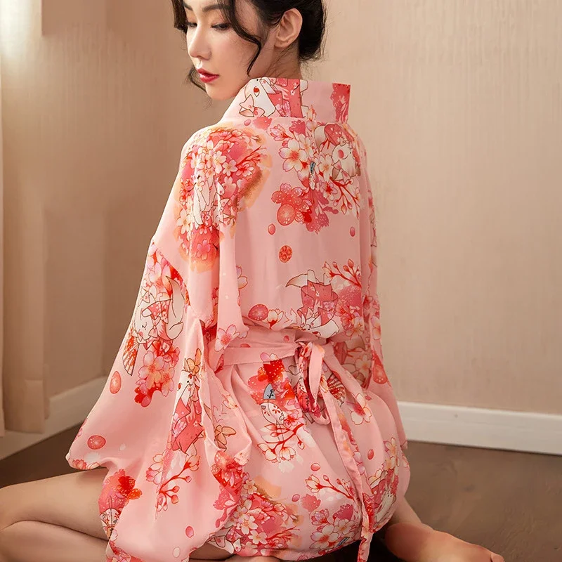 

Japanese Kawaii Pink Kimono Sakura Print Short Belt with Bow Sexy Cosplay Women Raditional Style RobeOutfit Tradition