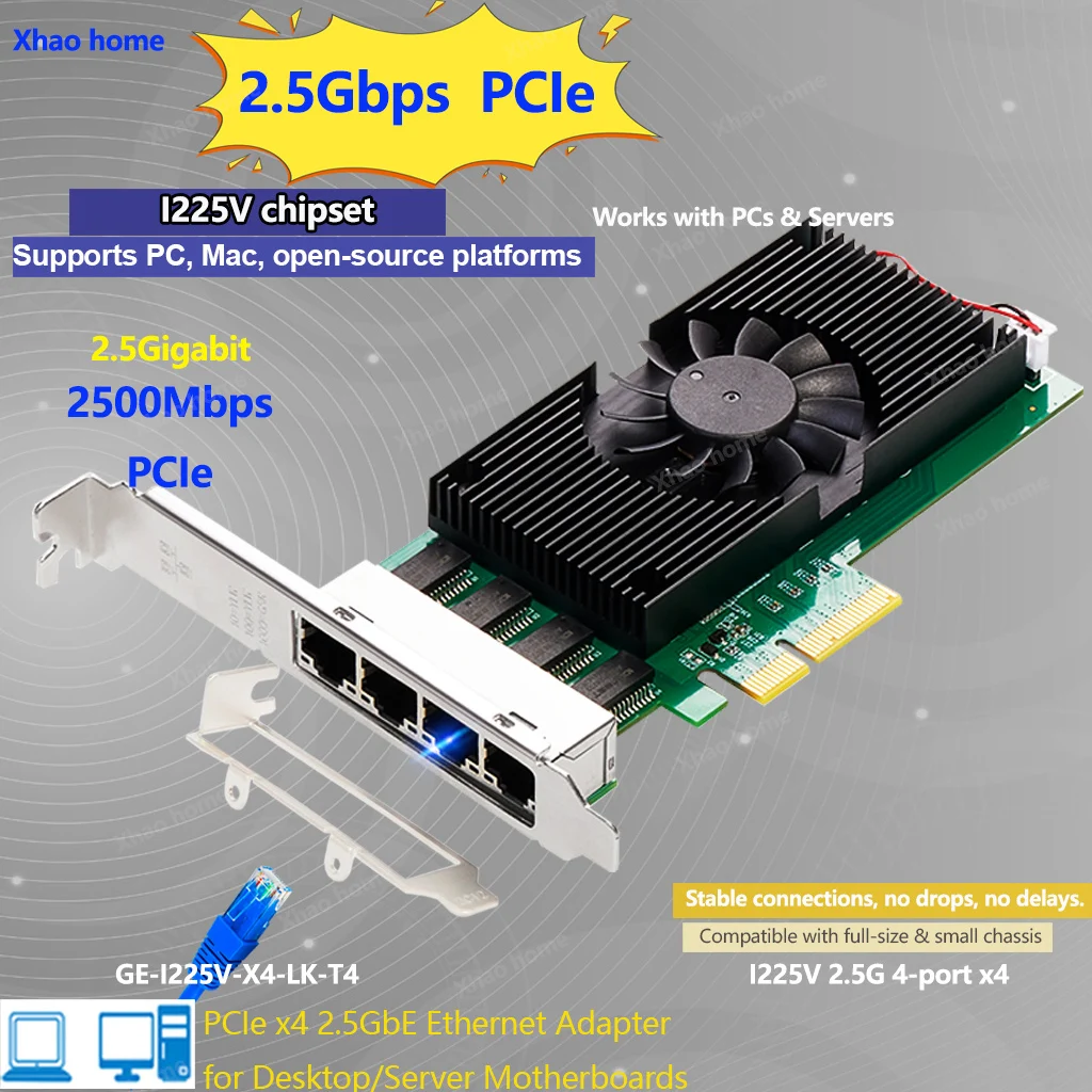 For Intel I225-T4 Quad Port 2.5G PCIe Network Card- 4x RJ45 2500Mbps Ethernet Adapter for Server/NAS/Desktop for Lenovo& ESXi VE