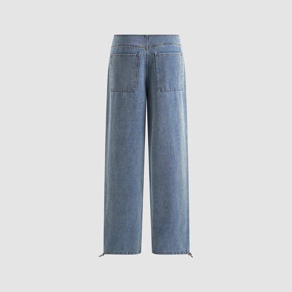 Women 100% Cotton Wide‑Leg Jeans Drawstring Hem Loose Straight Denim Pants Vintage Washed Casual Streetwear Ladies Trousers