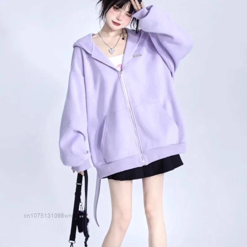 Trendy Purple Rabbit Girl Ear Hooded Sweater with Long Ears for Women Oversize Hoodie Loose Zipper Cardigan Coat Clothes