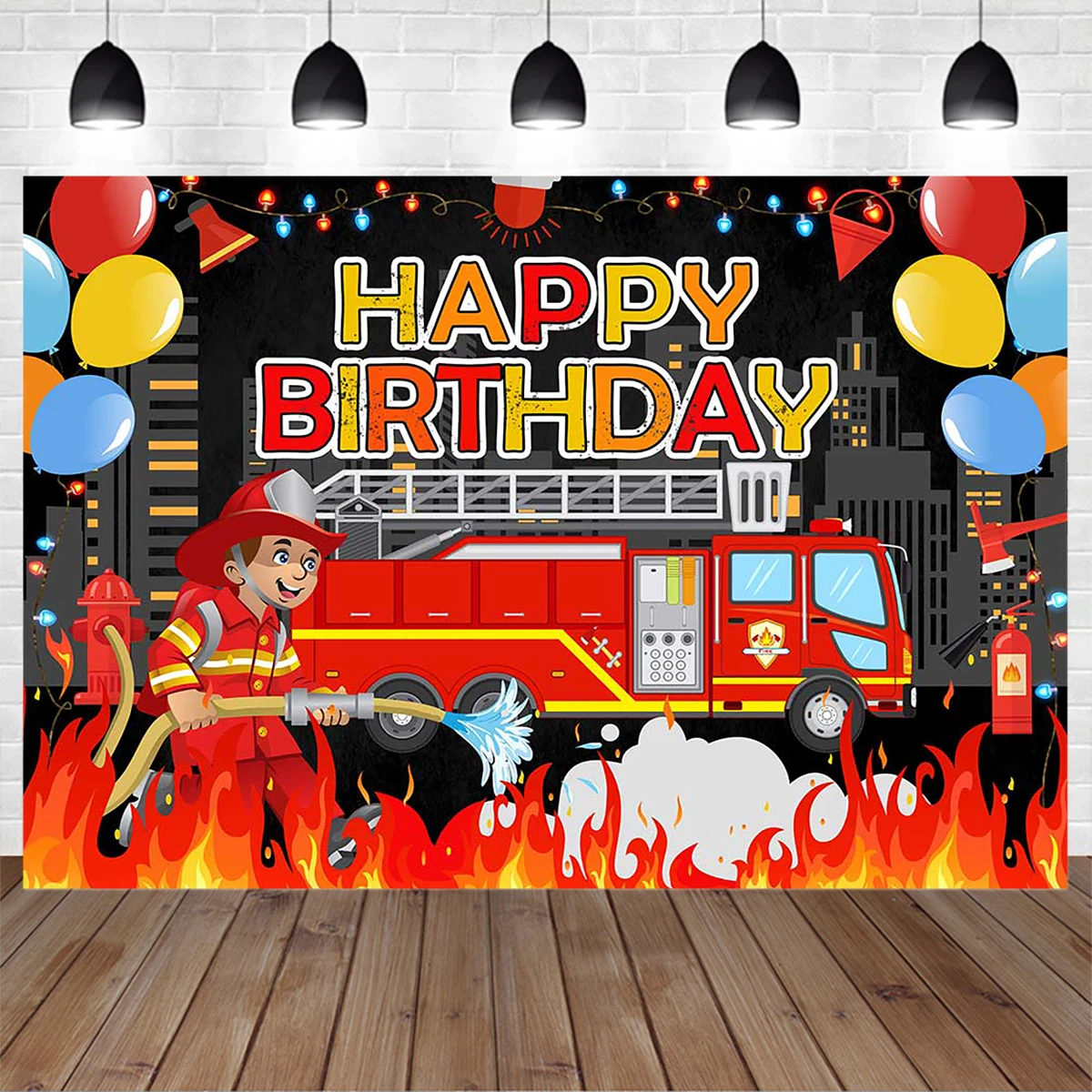 

Firefighters Fire Brigade Decorative Photography Background Birthday Poster Balloon Lantern Backdrop Boy Cake Smash Photobooth