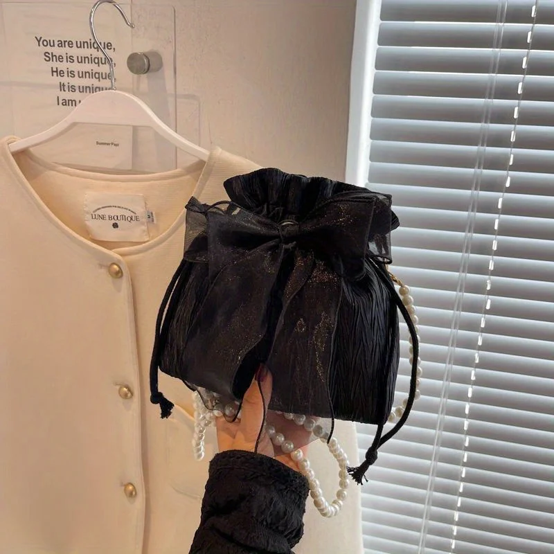 Plissierte Mini-Umhängetasche für Damen, Organza-Schleifentasche mit Perlenkettenriemen, elegante Abendhandtasche für Hochzeit, Party, Abschlussball – Detail 9