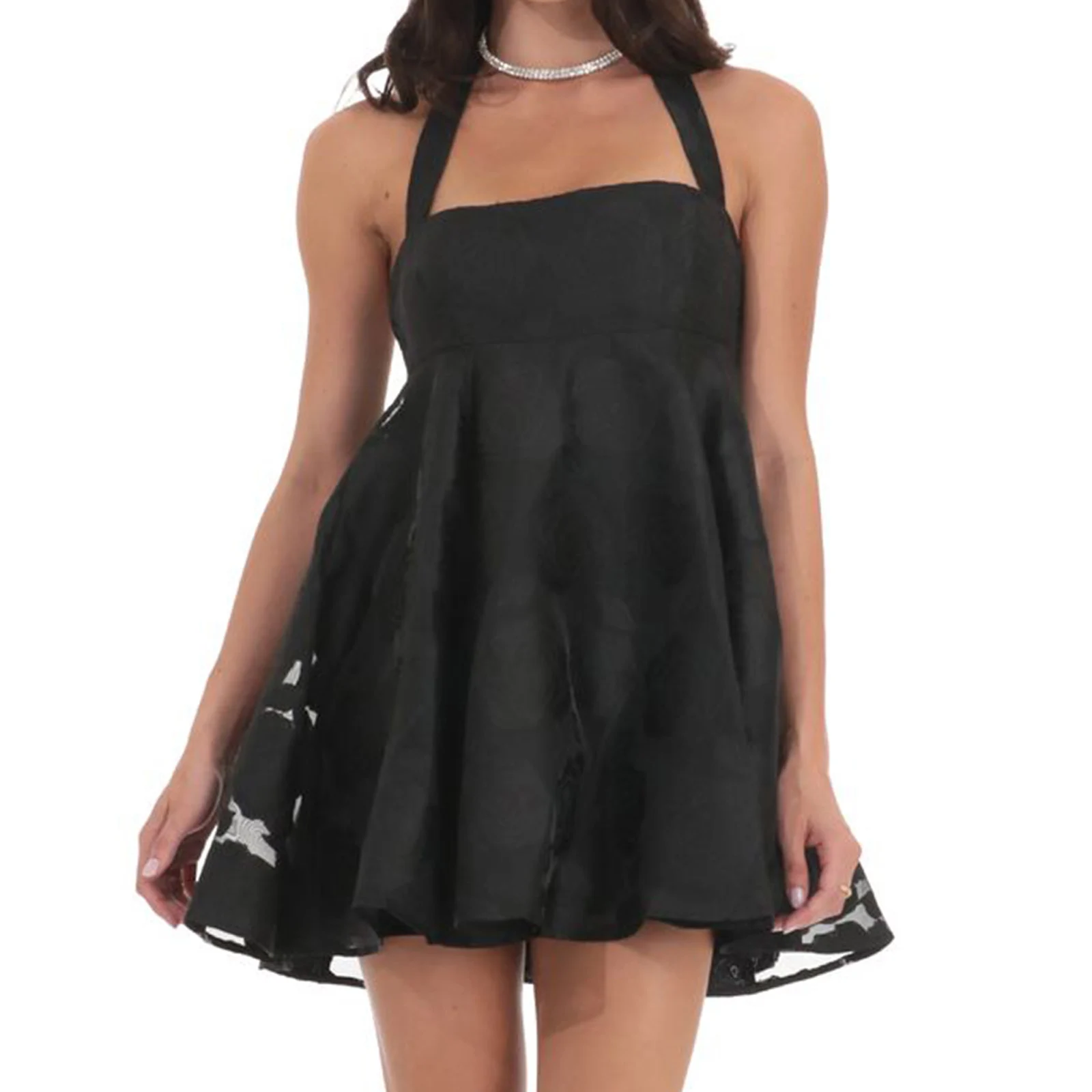 Women Sleeveless Mesh Halter Dress Casual Summer Floral Pattern Backless A-Line Mini Party Dress for Beach Club Streetwear