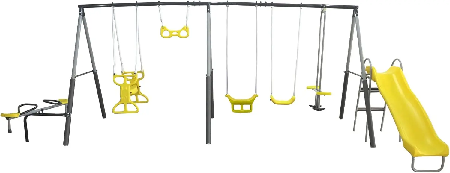Rising Sun Playground Ensemble de balançoires pour enfants avec cadre en métal avec ensemble de jeu d'extérieur avec toboggan, voir scie, planeur et balançoires, jaune
