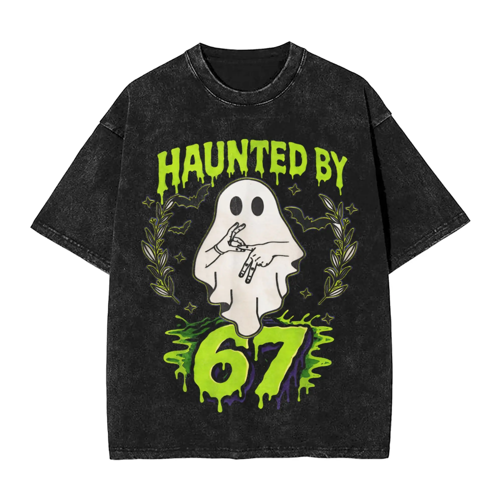 Camiseta lavada de gran tamaño 67 Meme Halloween embrujado espeluznante seis siete Gen Alpha Z camisetas de algodón camiseta fresca de moda para pareja