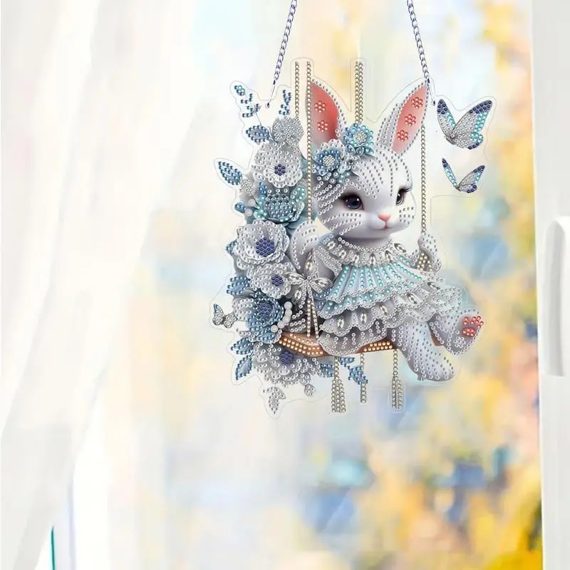 Bunny Rhinestone Painting Pendant 5D Rhinestone Painting Bunny Flowers Hangable Ornament Easter Art Craft Kit for Adult Window