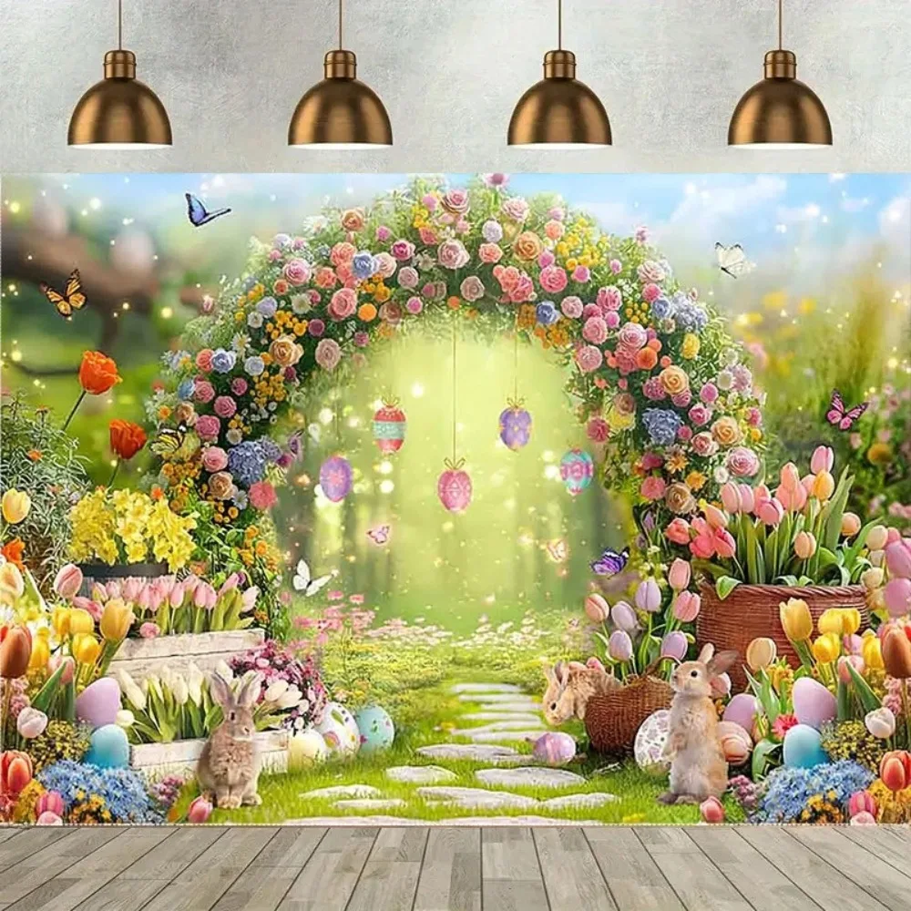 Frühlings-Osterei-Schmetterlings-Kranz-Bogen-Banner-Hintergrund, Kindergeburtstagsfeier, Heimdekoration, Fotografie-Hintergrundtuch
