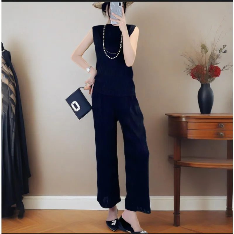 

Miyake Pleated Pants Set 2025 Summer Suit Casual Simple Light Slim Women's Commuting Pleated High Elastic Two-piece Set