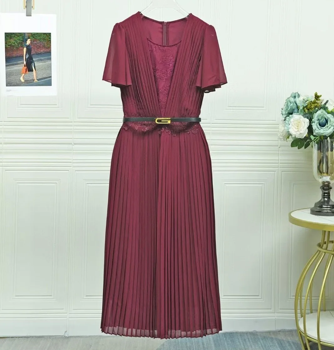 Vestido elegante de fiesta XXL, moda de diseñador de verano 2025, vestido plisado sexi de tul con cinturón de encaje y retazos de manga corta a media pantorrilla
